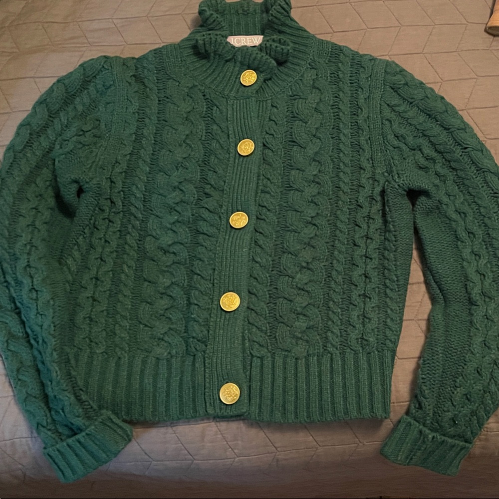 J. Crew Green and Gold Cable Knit Cardigan